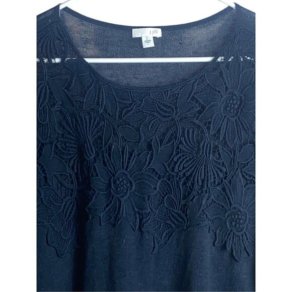 J. Jill Navy Blue Linen Blend Knit Top Large Floral Lace Overlay Women’s Sweater - Picture 2 of 6